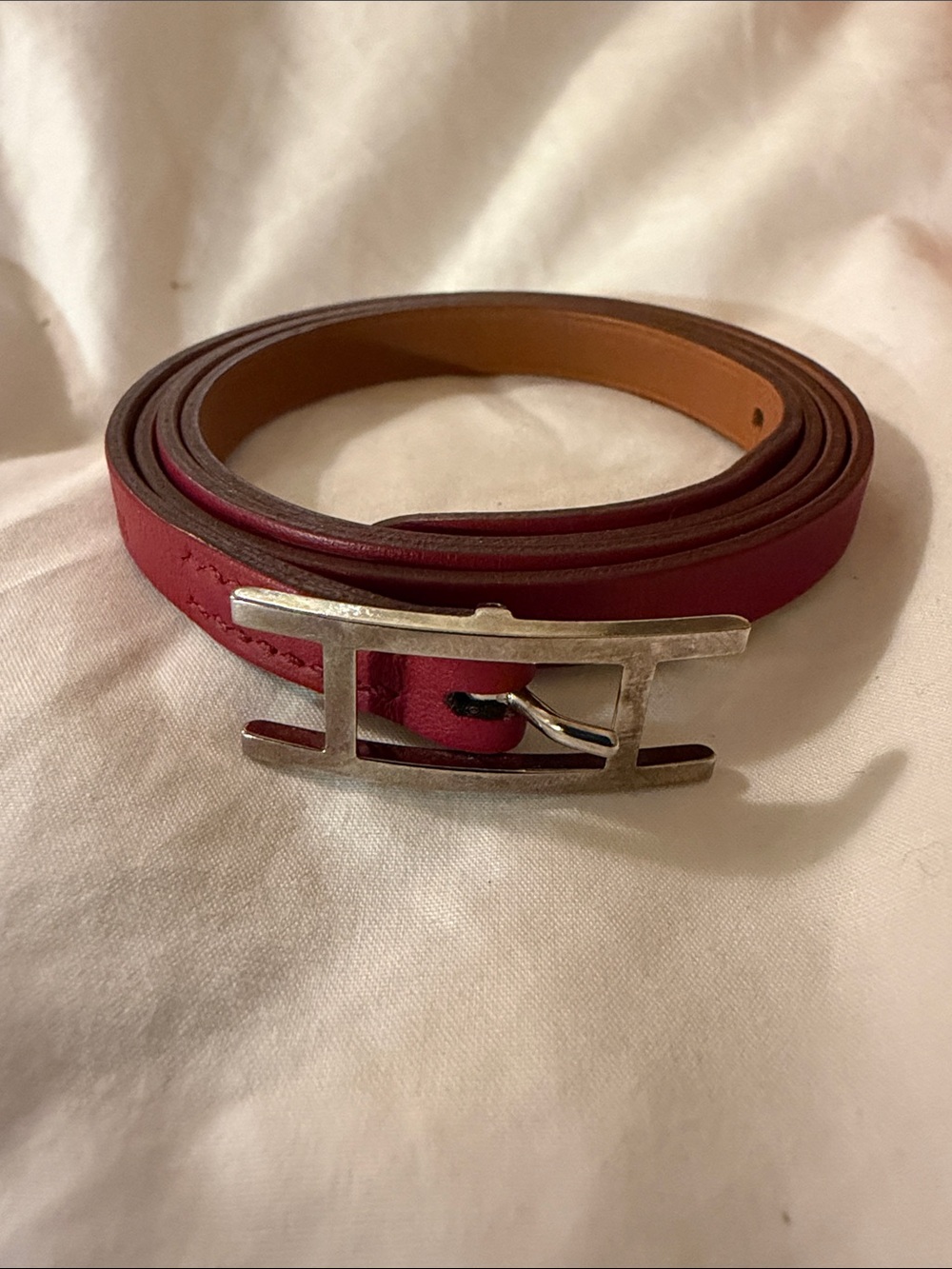 HERMÈS Vintage Skinny Red Leather H Buckle Belt UNUSED w/ Box!